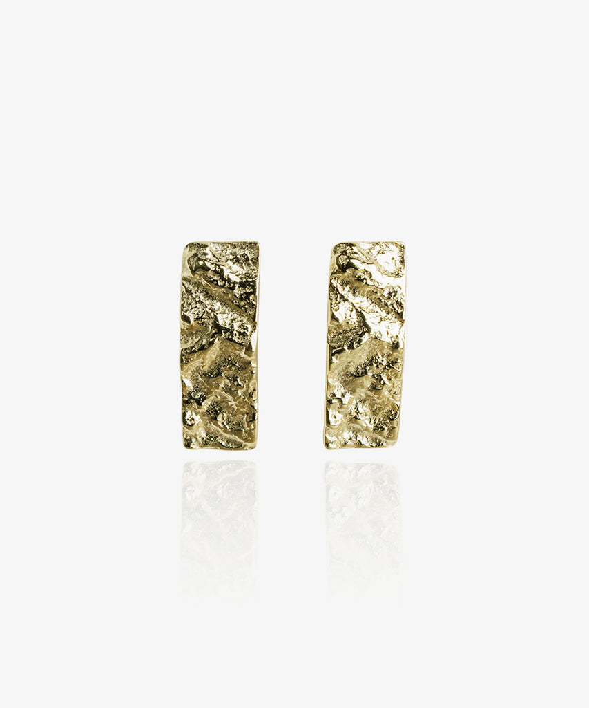 Oceania Earrings. Stunning natural rectangular shaped gold plated earrings on white background