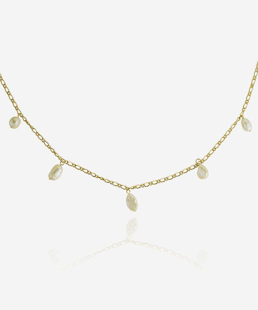 18k Gold plated Thalassa necklace with fresh water pearls on white background